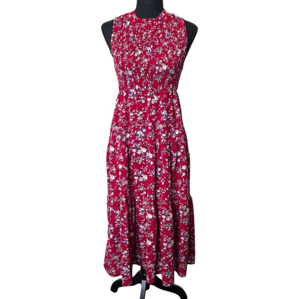Red Floral Smocked Sleeveless Midi Dress Women’s Small